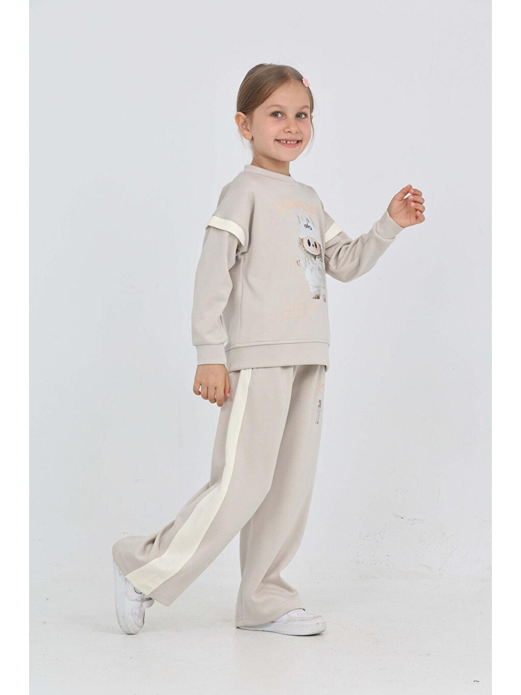 Ekru Kız Çocuk Oysho Kumaş Karakter Baskılı Geniş Paçalı Alt-Üst Takım 12306-4