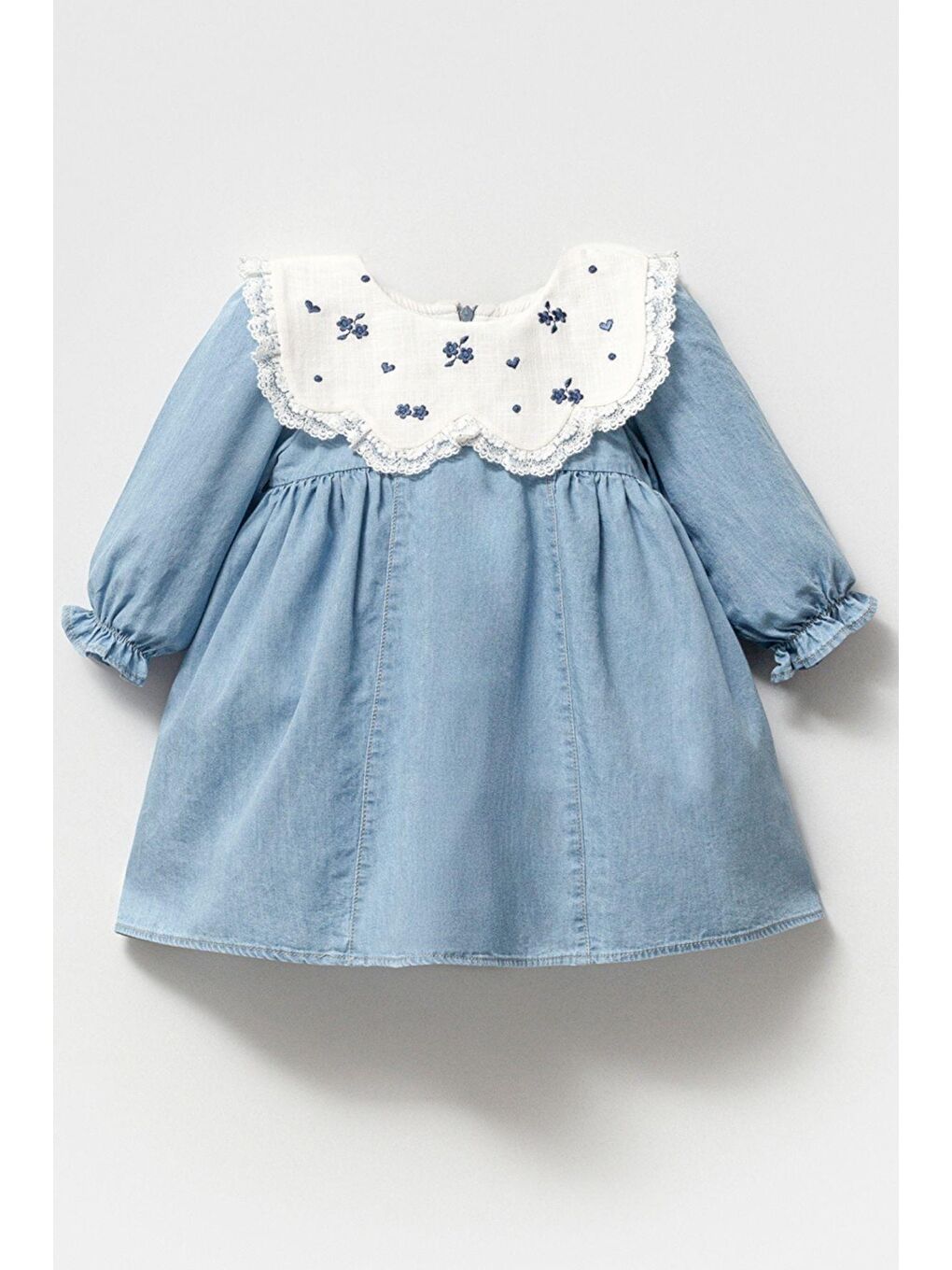 Mavi Nakış İşlemeli Dantel Yaka Detaylı Bebek Jean Elbise