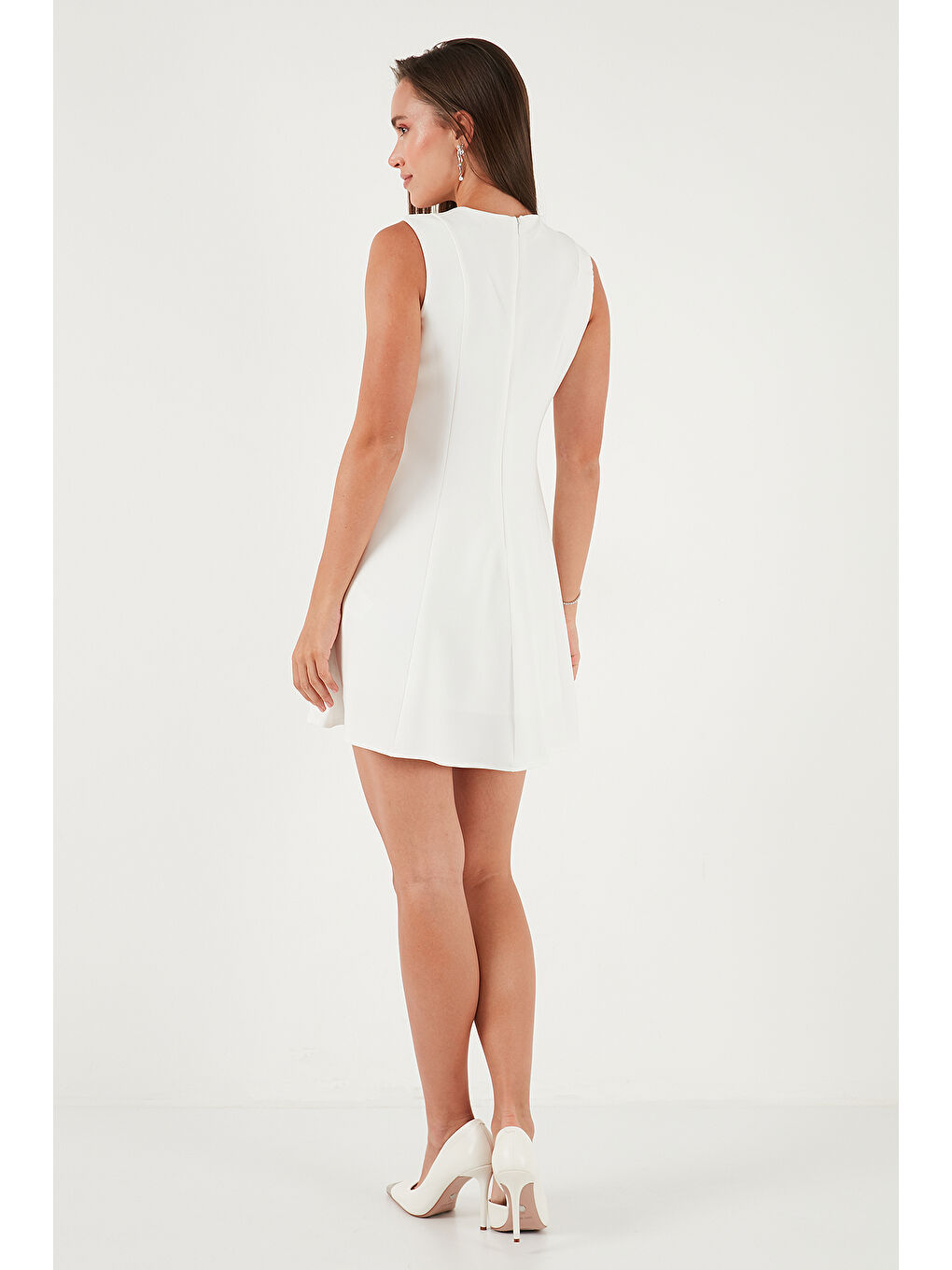 Ekru Regular Fit Bisiklet Yaka Volanlı Mini Boy Elbise 6525647-6