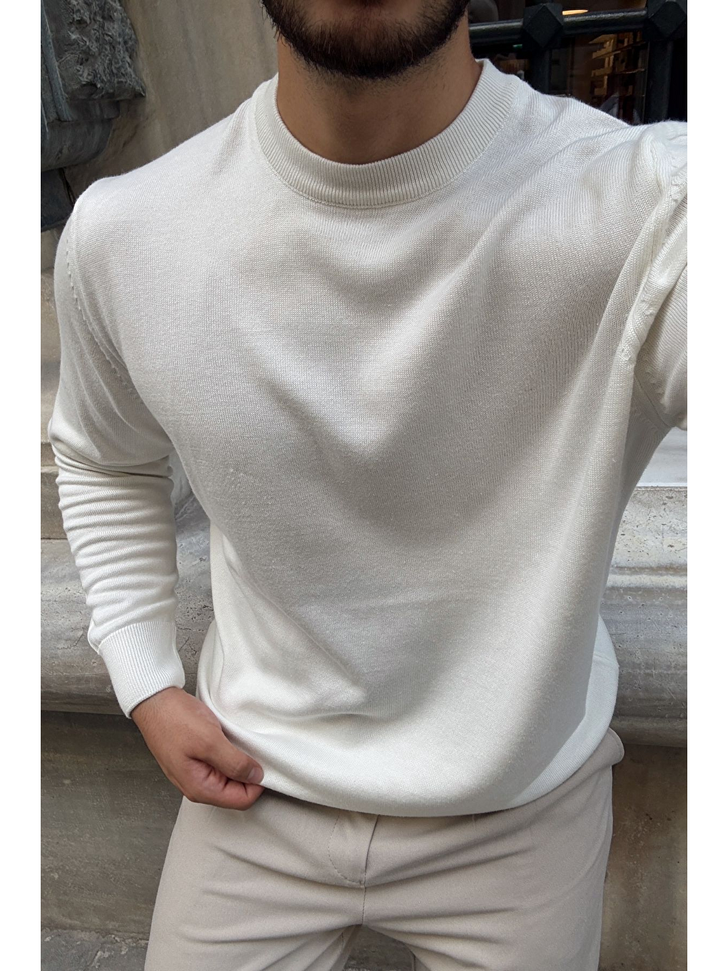 Beyaz Acton Erkek %100 Organik Pamuk Bisiklet Yaka Triko Kazak-3