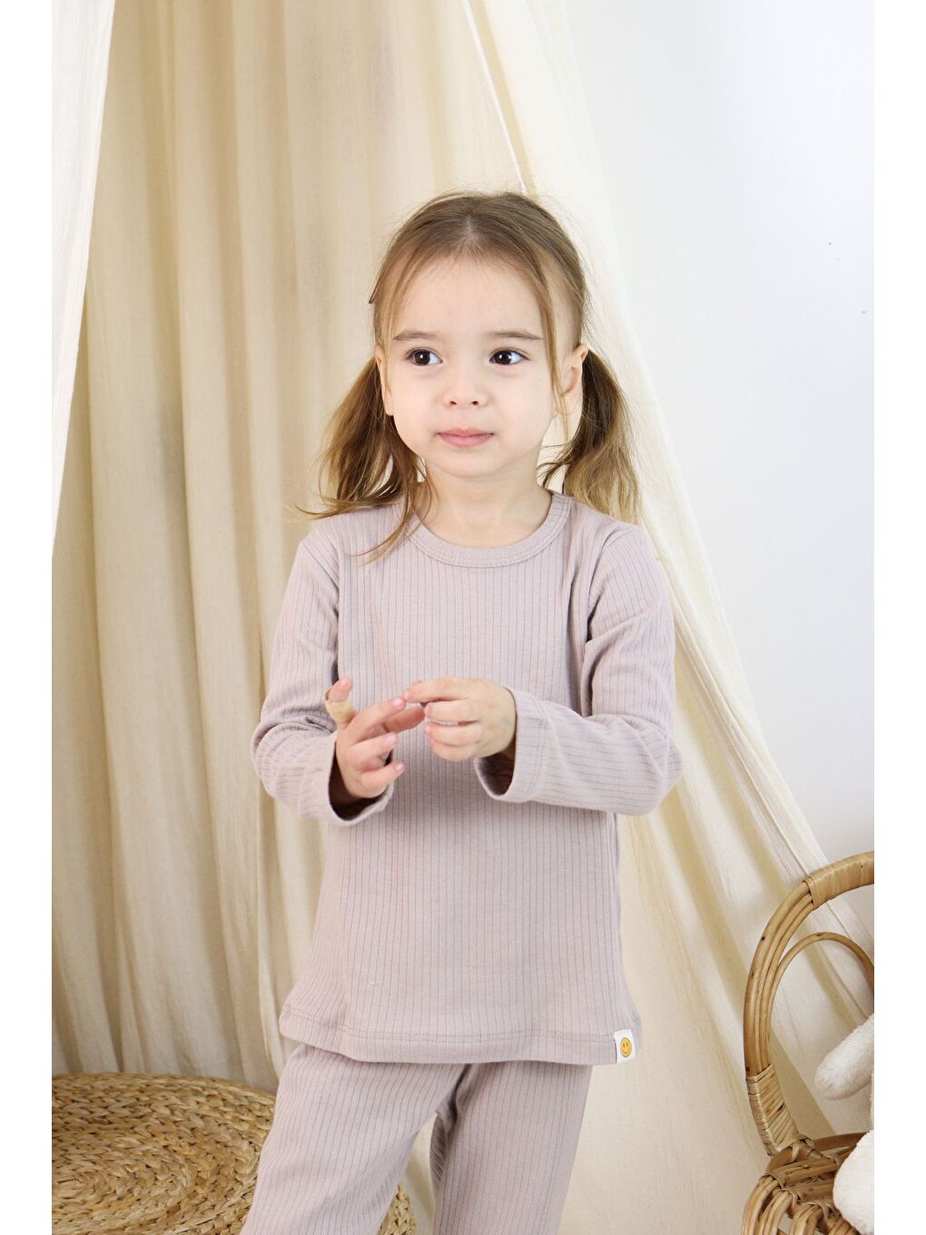 Bej Basic Fitilli İnterlok Kumaş %100 Pamuk 1-5 Yaş Beyaz Bebek Pijama Takımı-1