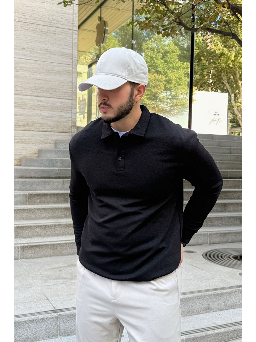 Siyah Cali Erkek Regular Fit Polo Yaka Uzun Kollu Sweatshirt Tişört-3