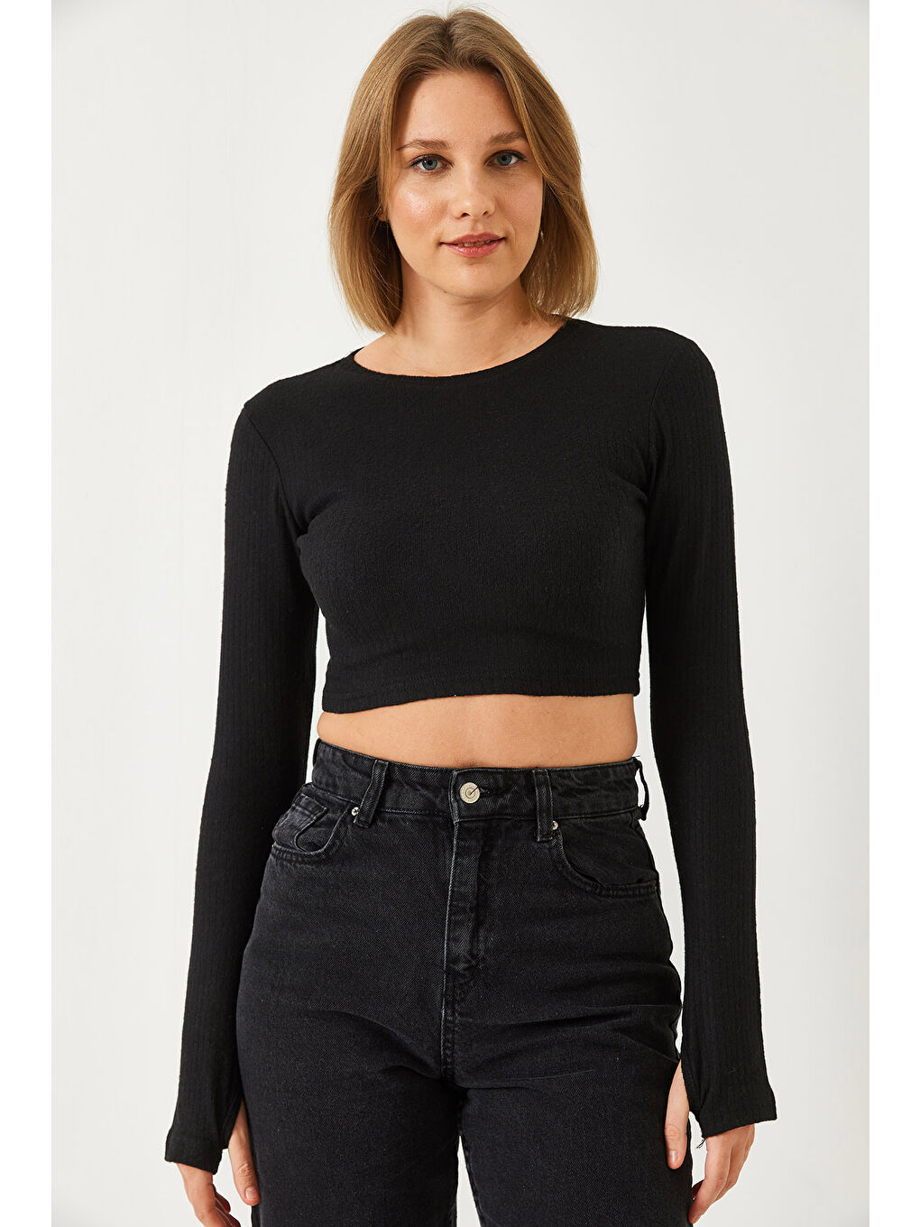 Siyah Kadın Parmak Geçirmeli Fitilli Bluz-1