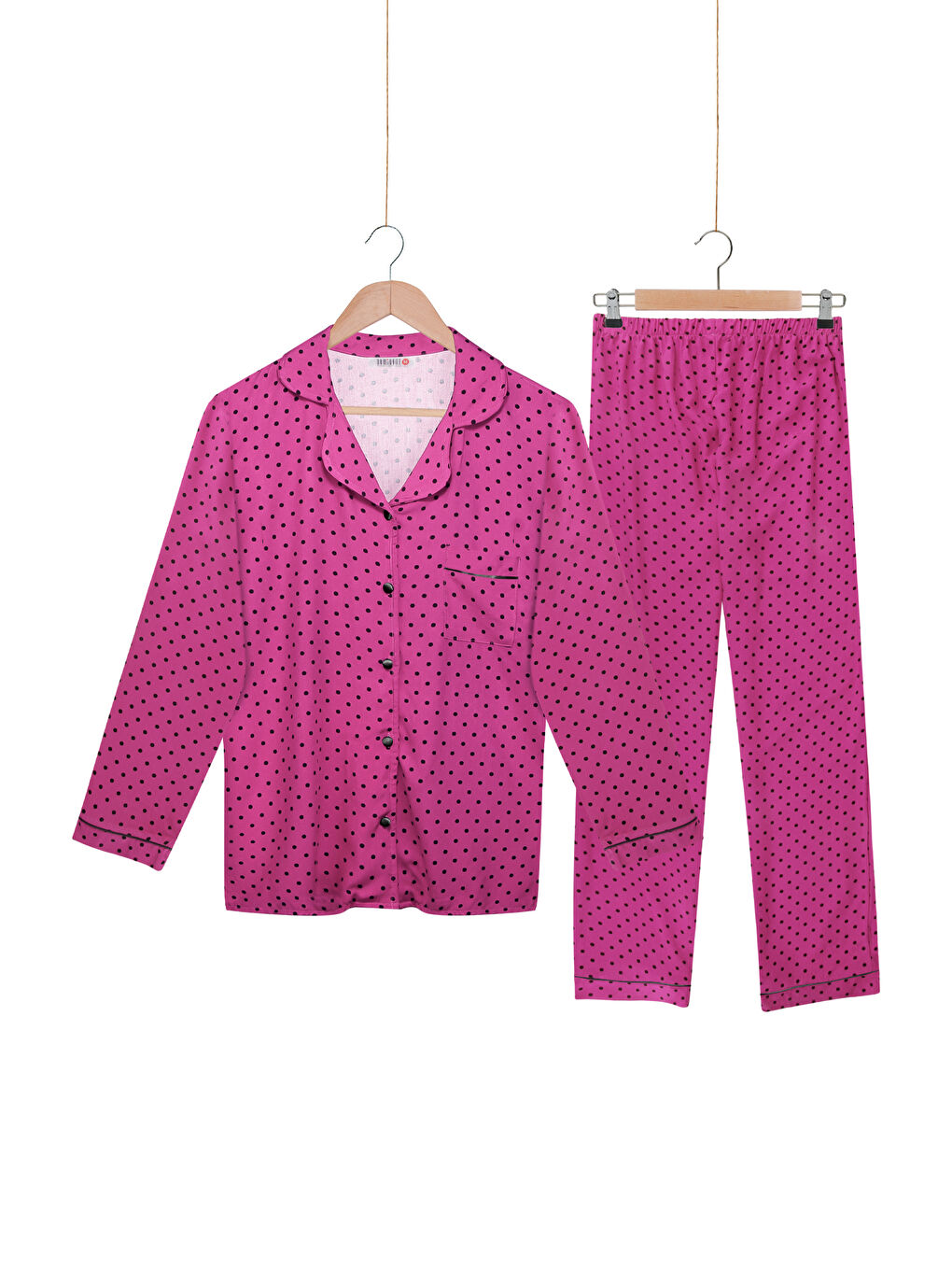 Fuşya %100 Dokuma Viskon Düğmeli Uzun Kol Pijama Takımı