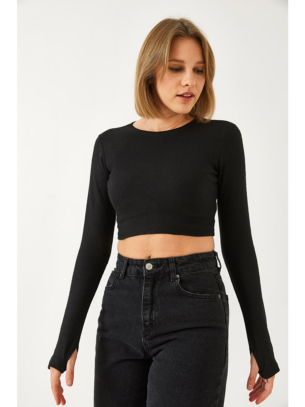 Siyah Kadın Parmak Geçirmeli Fitilli Bluz-3