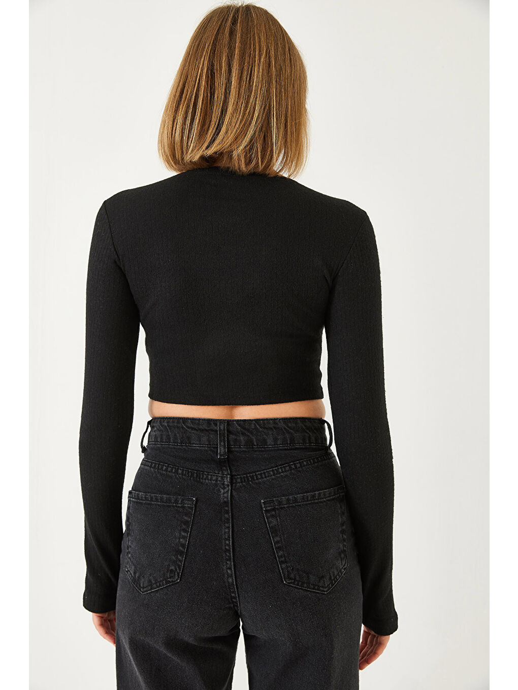 Siyah Kadın Parmak Geçirmeli Fitilli Bluz-6