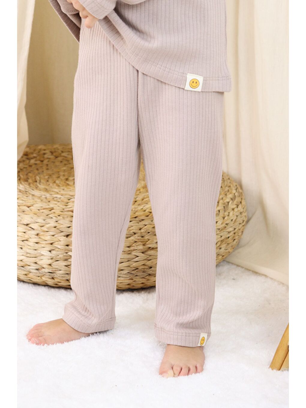 Bej Basic Fitilli İnterlok Kumaş %100 Pamuk 1-5 Yaş Beyaz Bebek Pijama Takımı-2