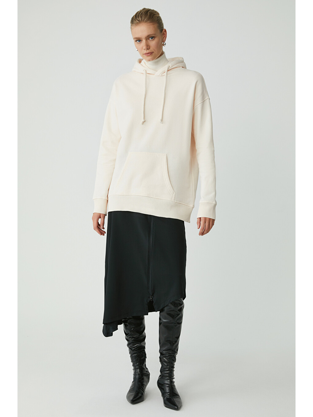 Carly Kadın Içi Polarlı Yumuşacık Kapüşonlu Kanguru Cepli Oversize Fit Ekru Sweatshirt-1