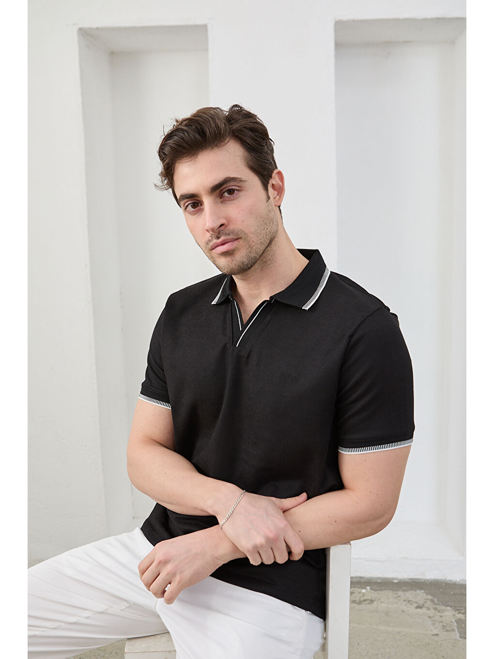 Siyah Lodz Erkek Polo Yaka Tişört Çekmeyen Pamuklu Kumaş Regular Fit Günlük