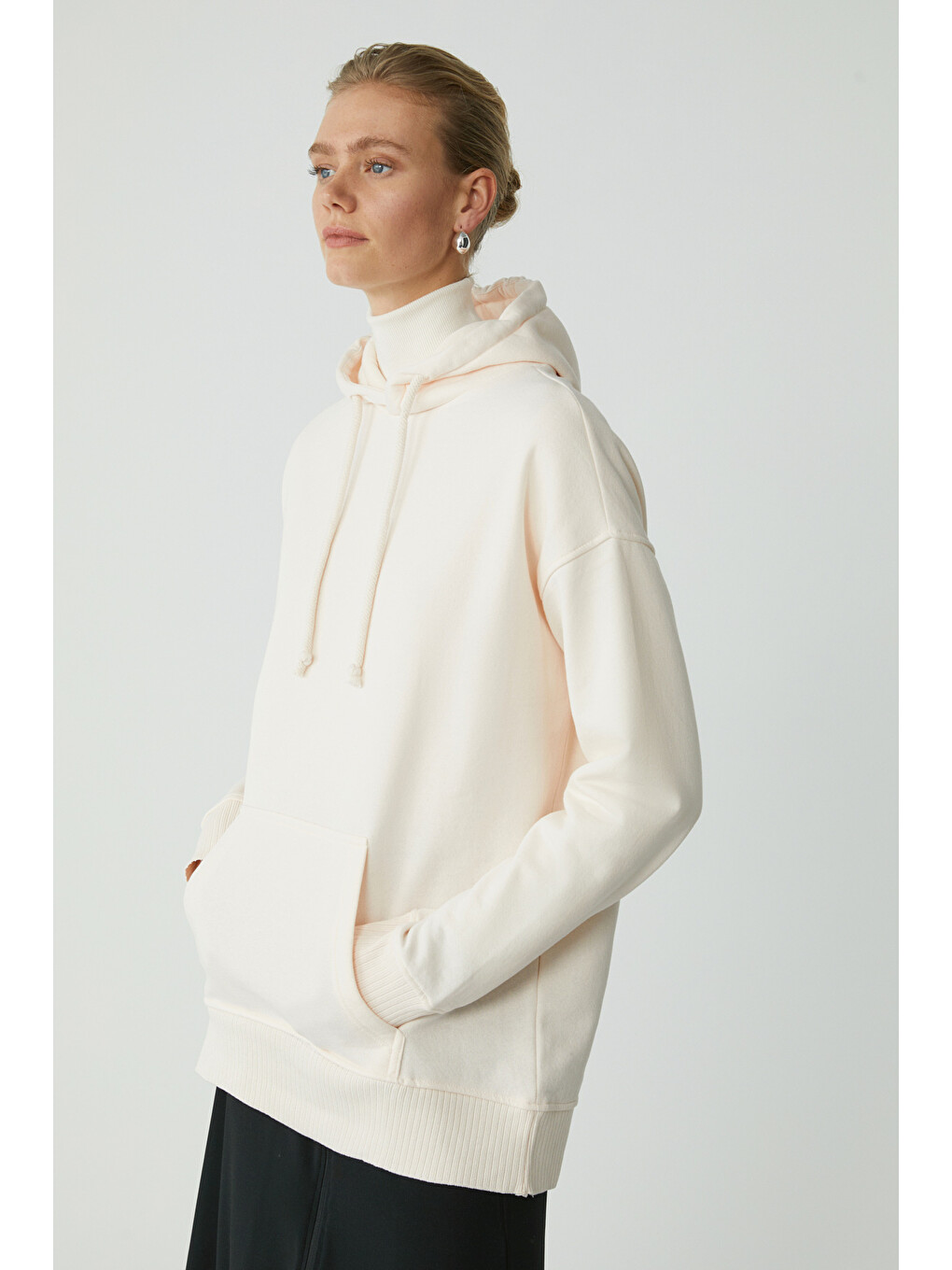 Carly Kadın Içi Polarlı Yumuşacık Kapüşonlu Kanguru Cepli Oversize Fit Ekru Sweatshirt-2