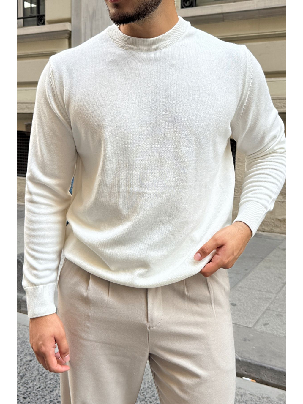 Beyaz Acton Erkek %100 Organik Pamuk Bisiklet Yaka Triko Kazak-4