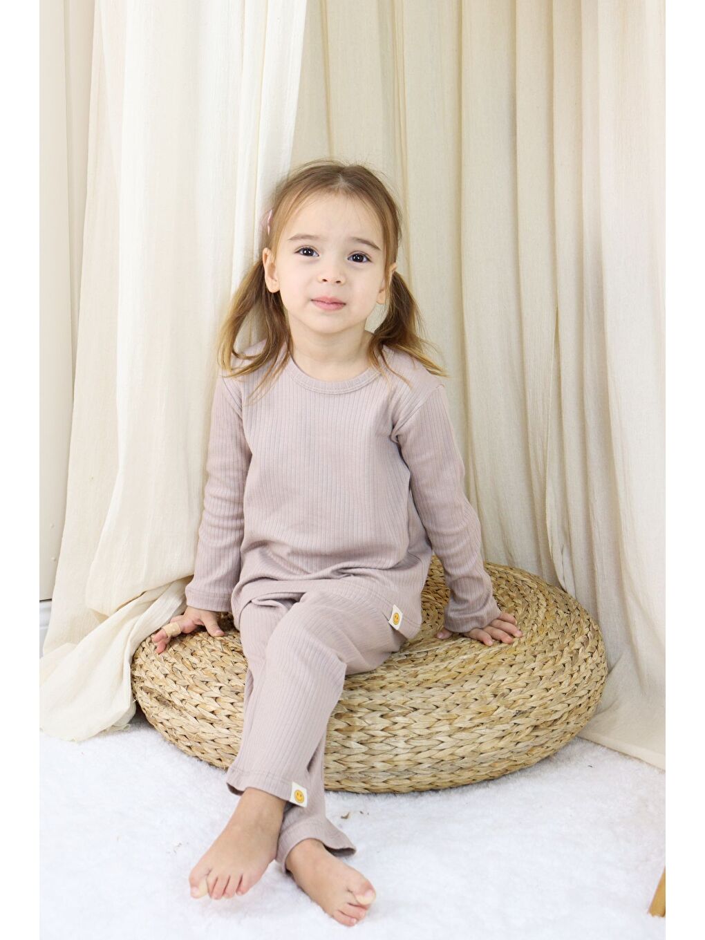 Bej Basic Fitilli İnterlok Kumaş %100 Pamuk 1-5 Yaş Beyaz Bebek Pijama Takımı-3