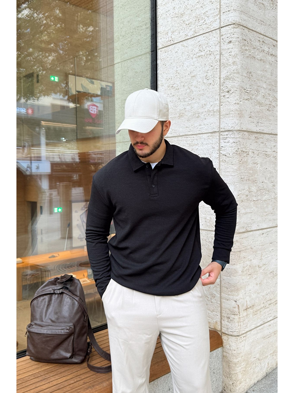 Siyah Cali Erkek Regular Fit Polo Yaka Uzun Kollu Sweatshirt Tişört-4