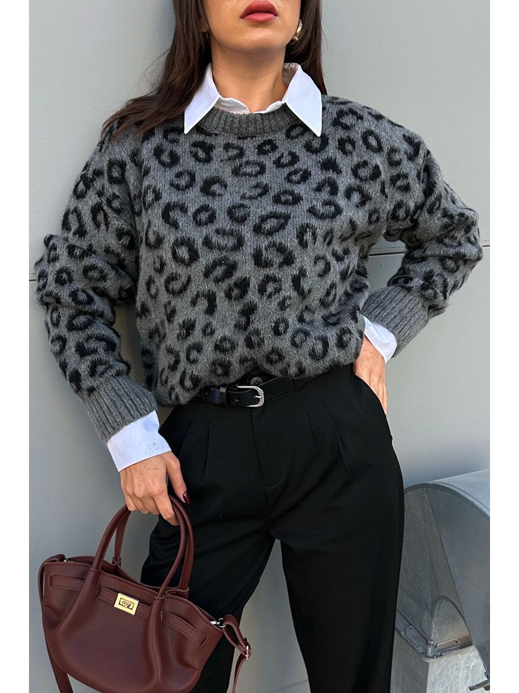 Karışık Kadın Gri Leopar Desen Kazak 1014-5229