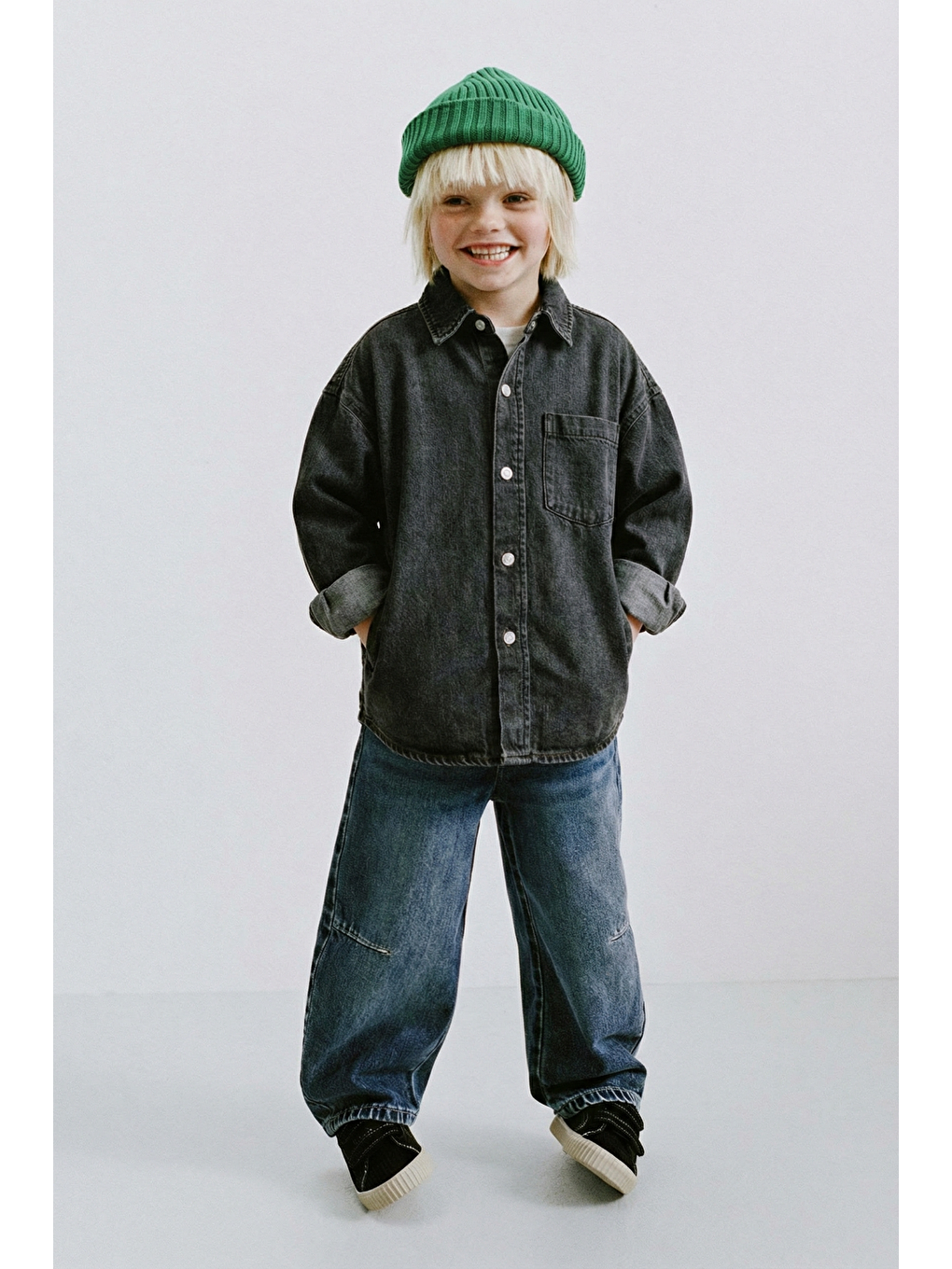 Erkek Çocuk Pamuklu Oversize Antrasit Düğmeli Gömlek