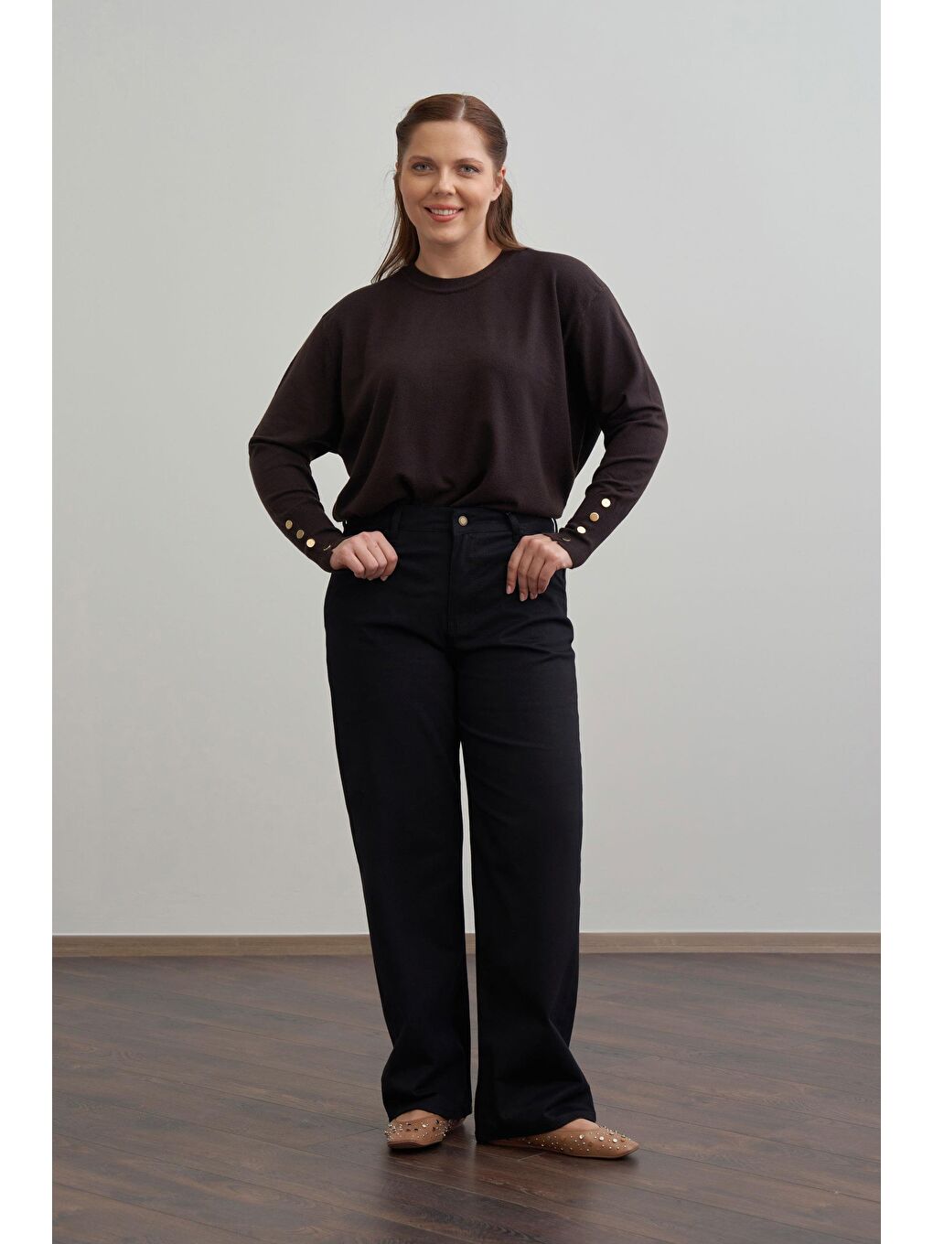 Siyah-Boru Paça Büyük Beden Gabardin Pantolon