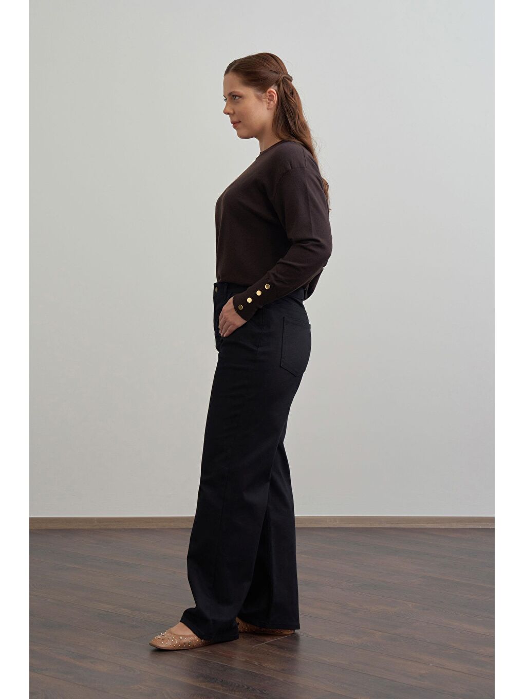 Siyah-Boru Paça Büyük Beden Gabardin Pantolon-1