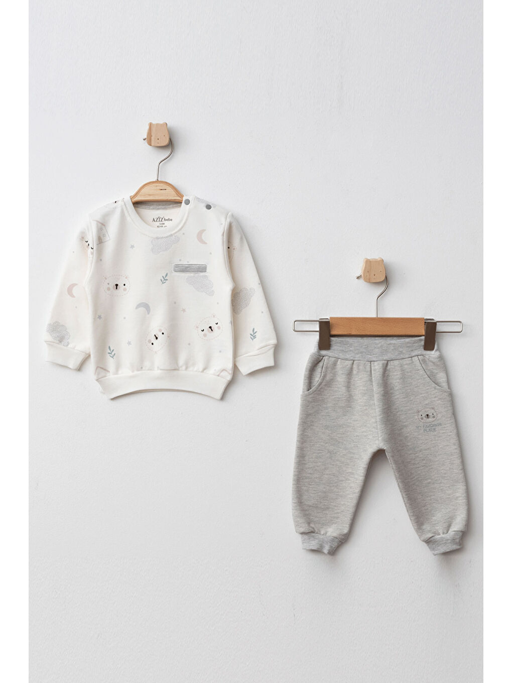 Ekru Erkek Bebek Desenli Sweatshirt Pantolon 2 'li Alt Üst Bebek Takımı 3 Ay - 36 Ay