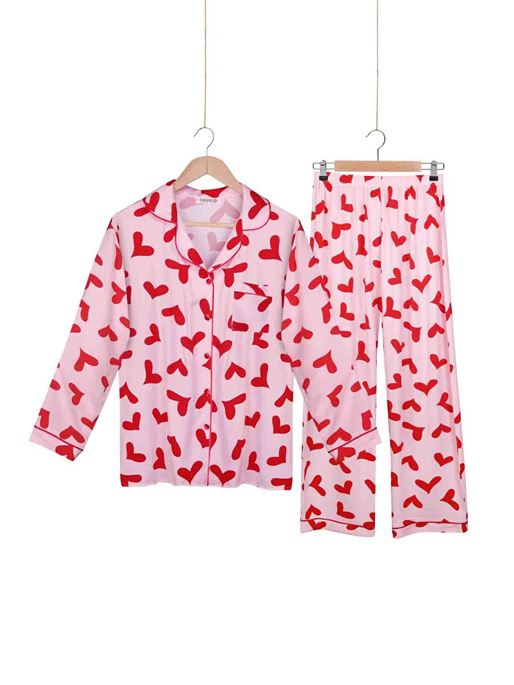 Pembe %100 Dokuma Viskon Düğmeli Uzun Kol Pijama Takımı