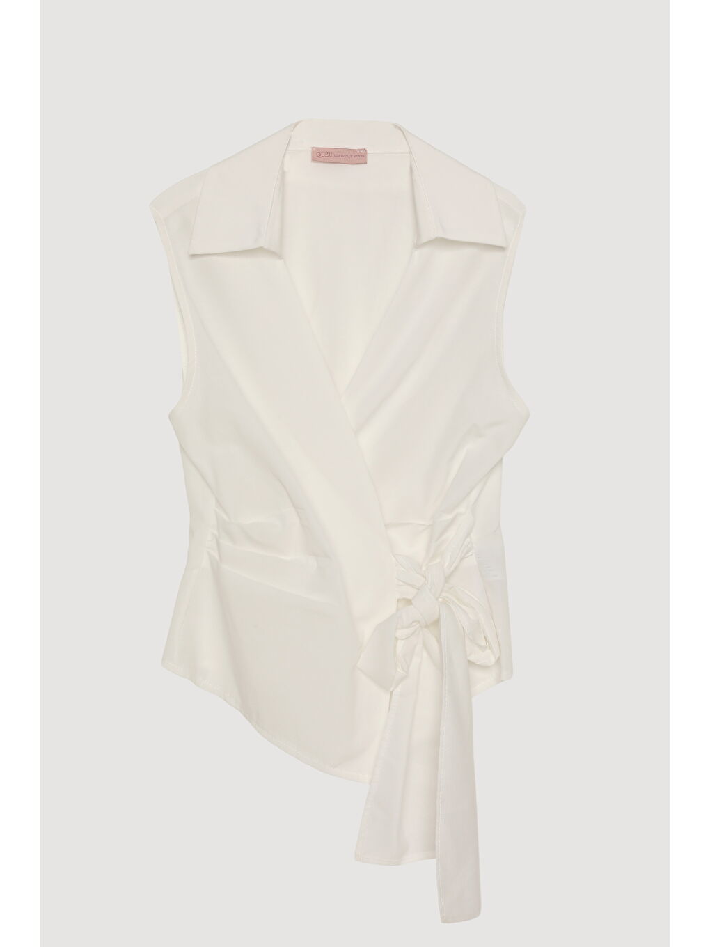 Kruvaze Yaka Bağlamalı Kolsuz Bluz Ekru