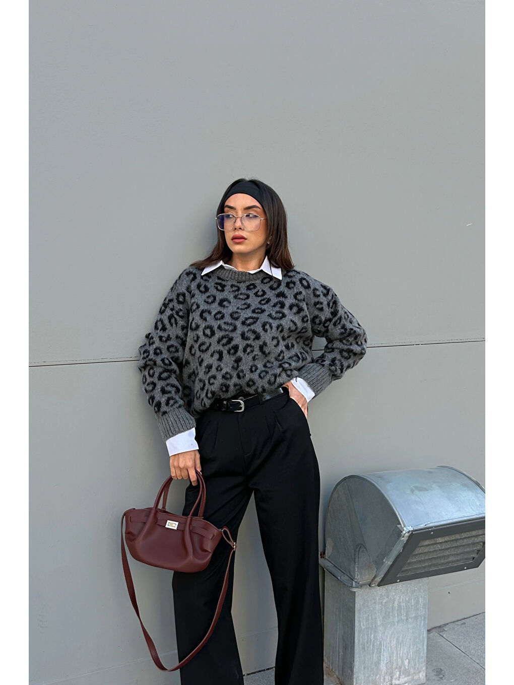 Karışık Kadın Gri Leopar Desen Kazak 1014-5229-1