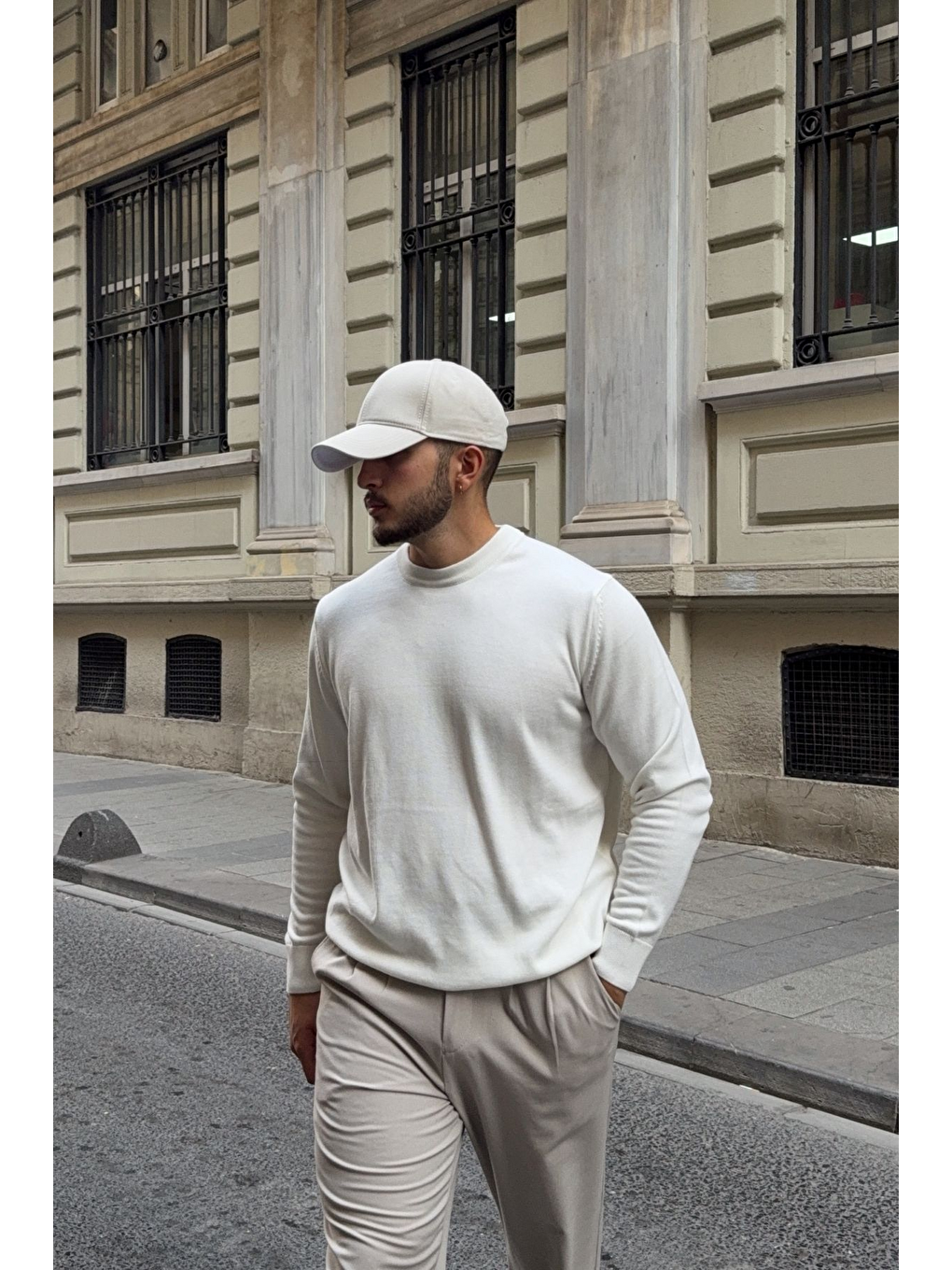 Beyaz Acton Erkek %100 Organik Pamuk Bisiklet Yaka Triko Kazak-5