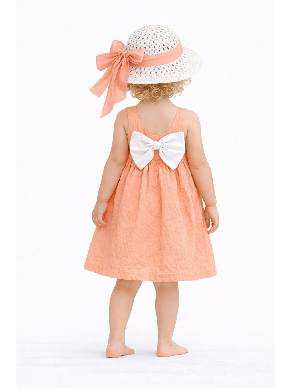 Pembe Tatlı Kız Bebek Yazlık Fiyonklu Şapkalı Pamuklu 2'li elbise-1