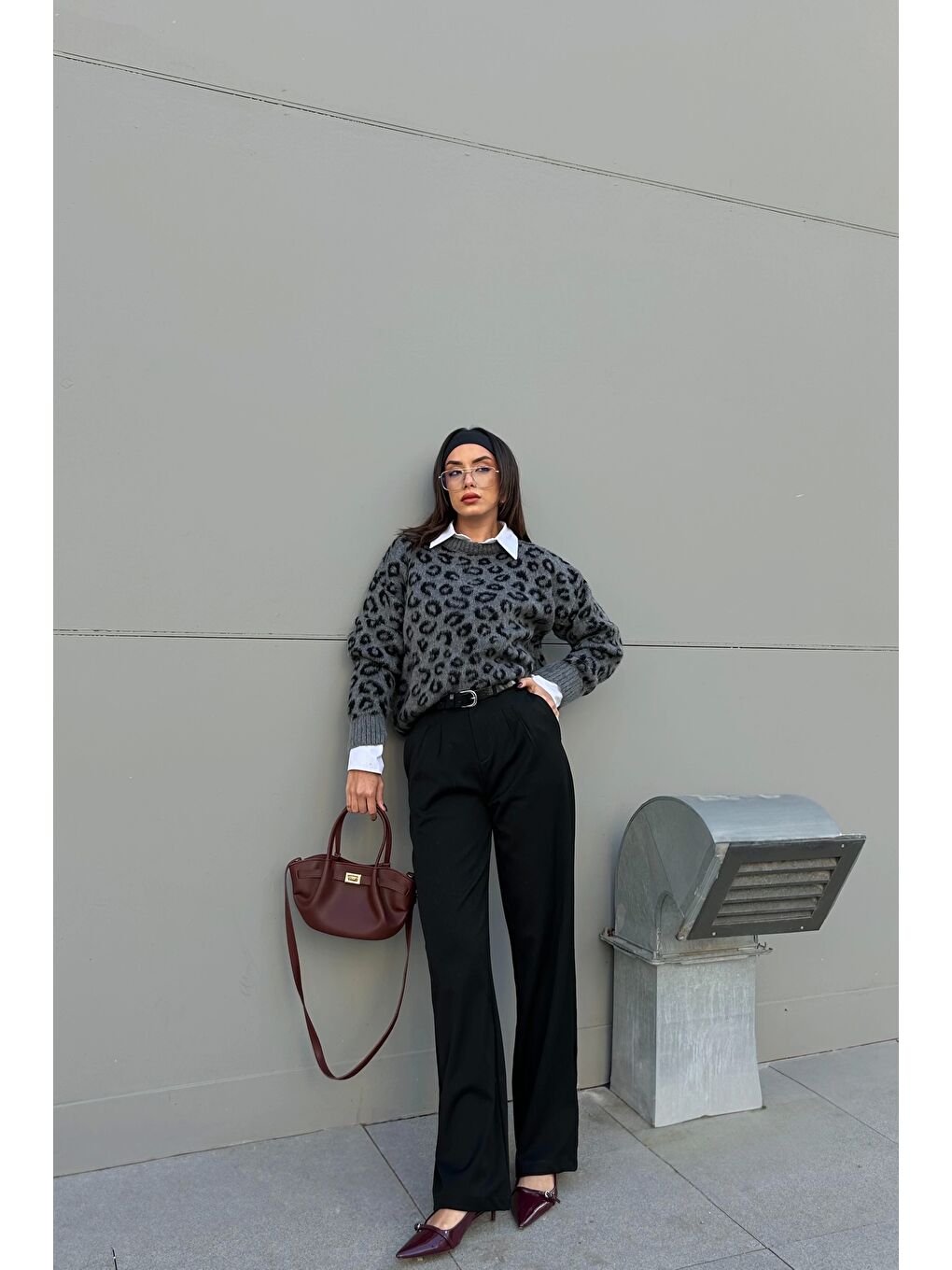 Karışık Kadın Gri Leopar Desen Kazak 1014-5229-2