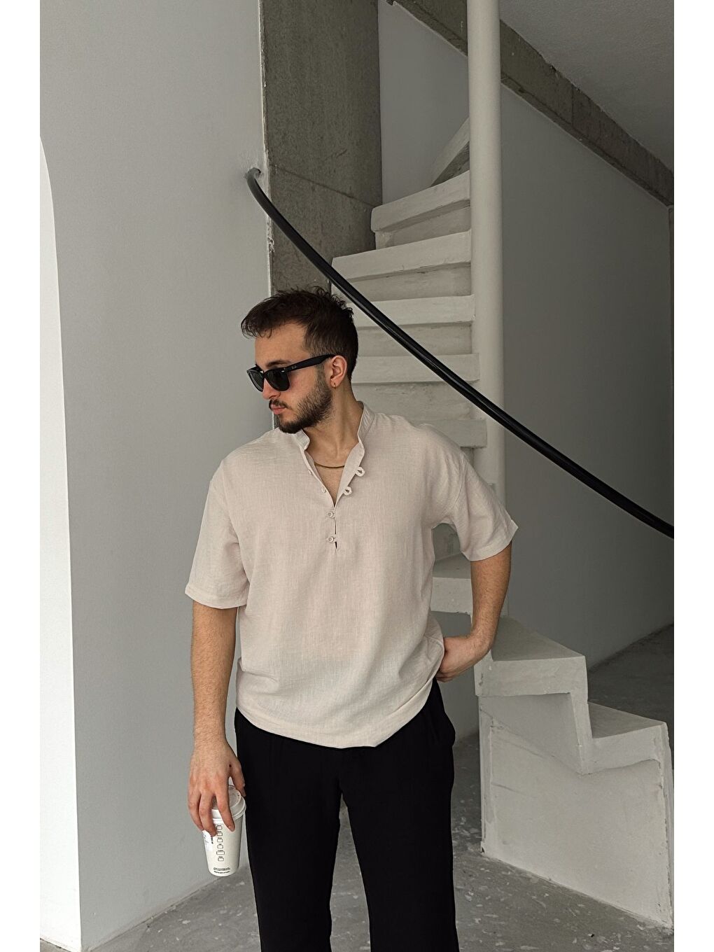 Bej Soro Erkek Oversize Keten Görünümlü Kısa Kol Hakim Yaka Yarım Pat Gömlek-7