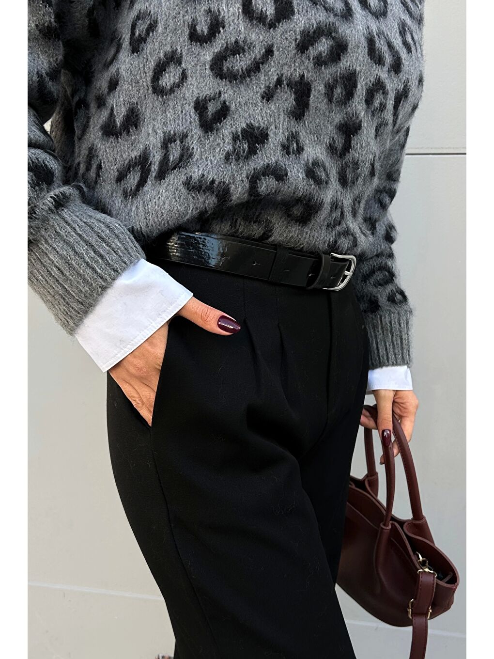 Karışık Kadın Gri Leopar Desen Kazak 1014-5229-3