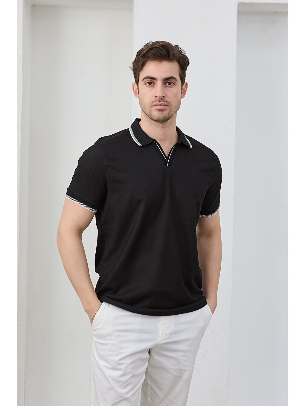 Siyah Lodz Erkek Polo Yaka Tişört Çekmeyen Pamuklu Kumaş Regular Fit Günlük-1