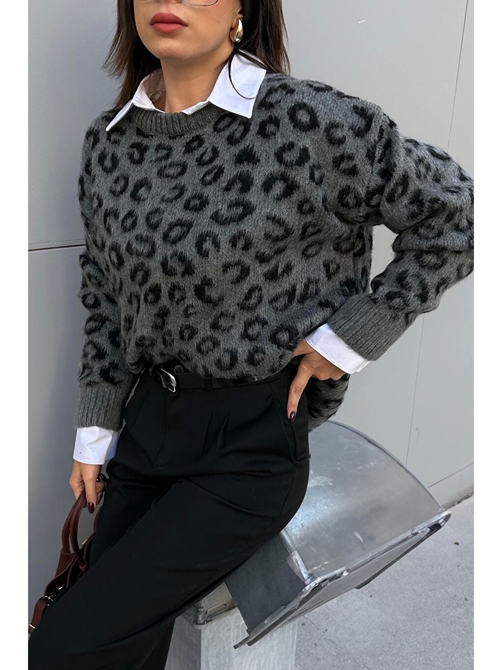 Karışık Kadın Gri Leopar Desen Kazak 1014-5229-4