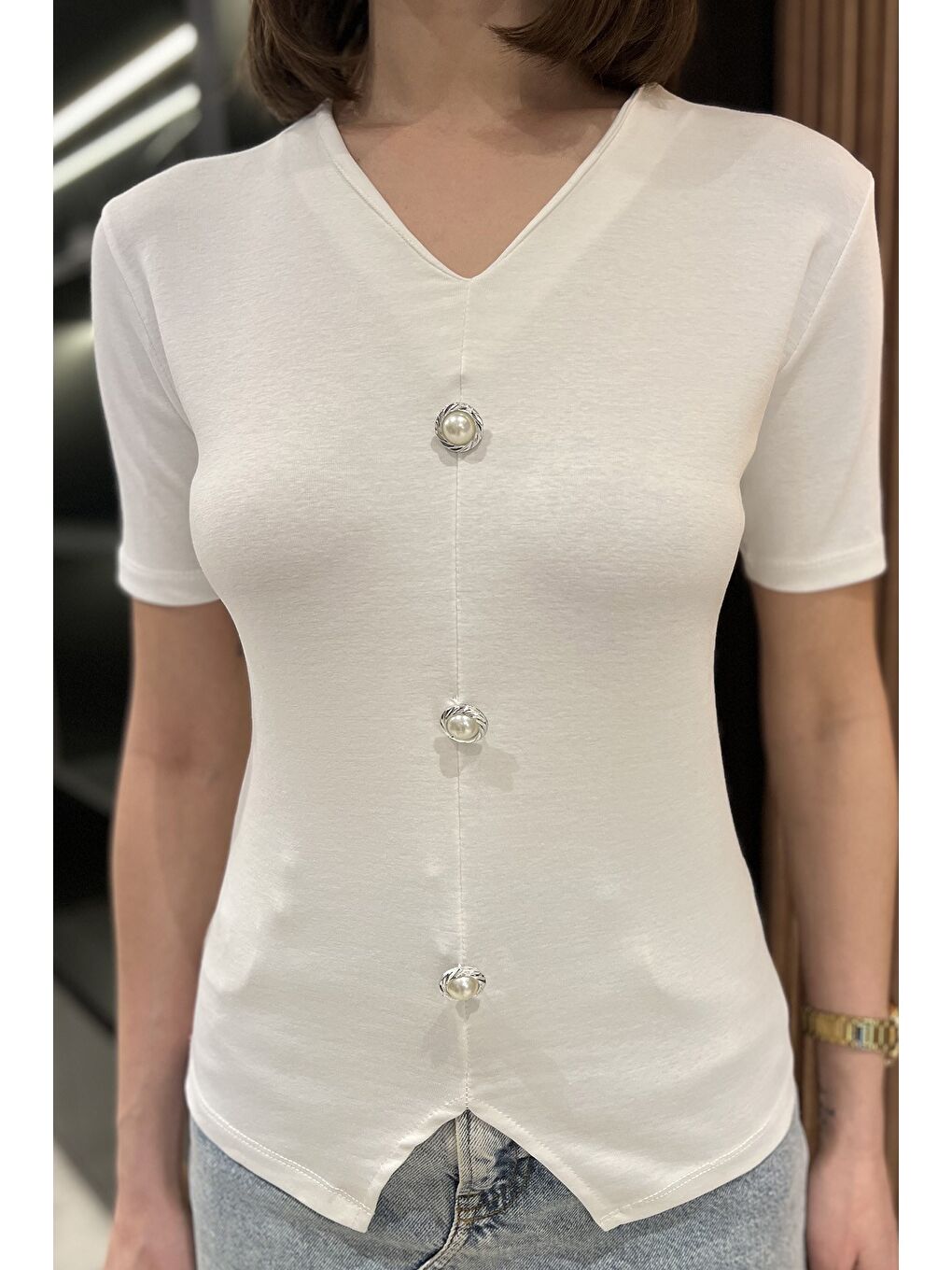 Ekru Kadın İnci Düğme Detaylı Elastanlı Bluz-2