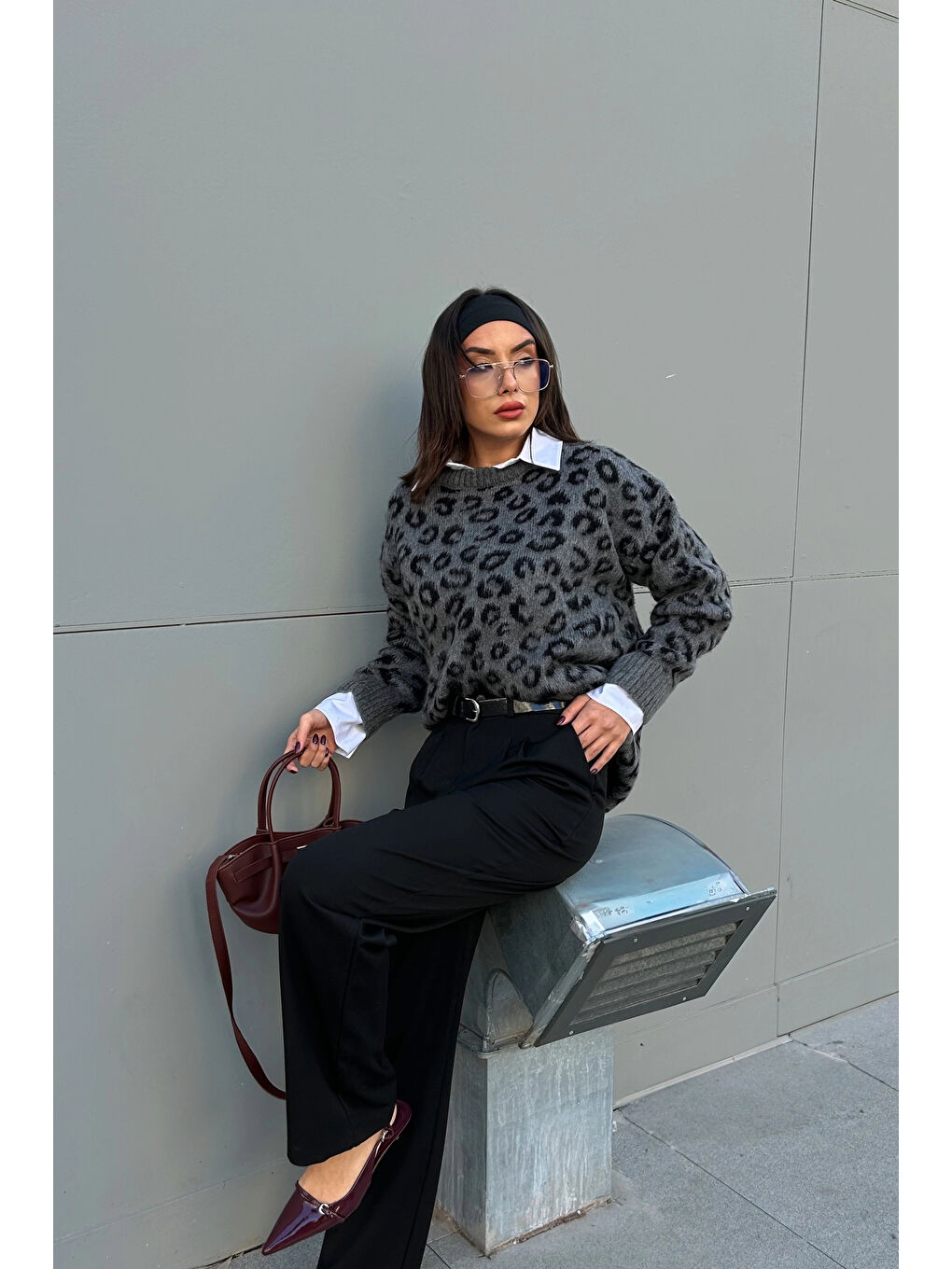 Karışık Kadın Gri Leopar Desen Kazak 1014-5229-5