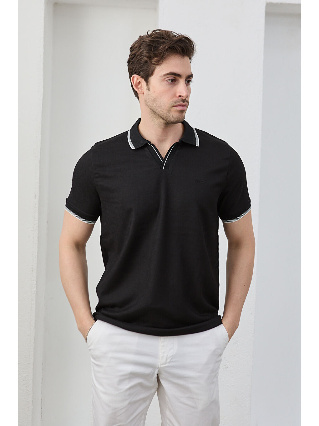 Siyah Lodz Erkek Polo Yaka Tişört Çekmeyen Pamuklu Kumaş Regular Fit Günlük-2