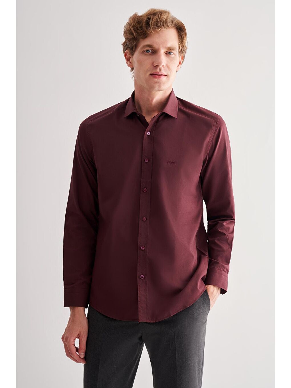 Bordo Yarım İtalyan Yaka Uzun Kol Slim Fit Pamuklu Gömlek 1004255180-1