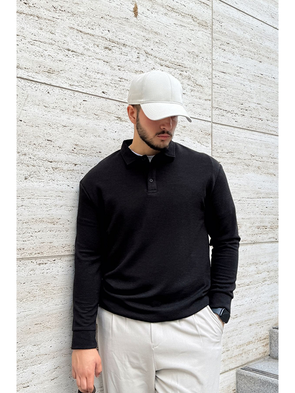 Siyah Cali Erkek Regular Fit Polo Yaka Uzun Kollu Sweatshirt Tişört-5