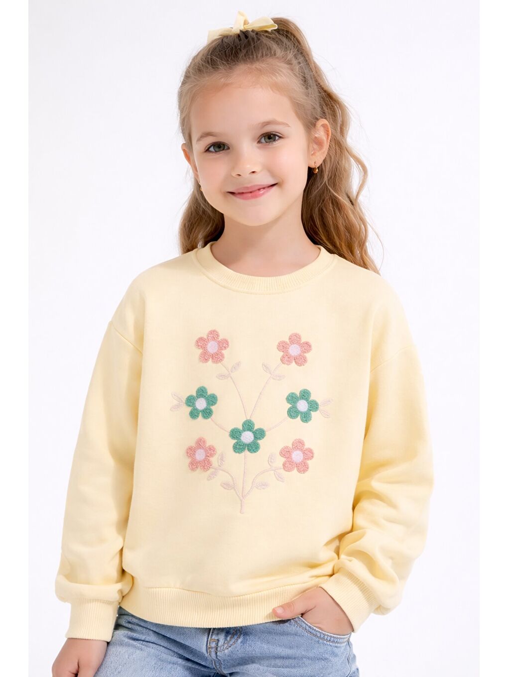 Ekru Krem Çiçek Nakışlı Badili Jean Pantolonlu Kız Çocuk Takımı 23515-1