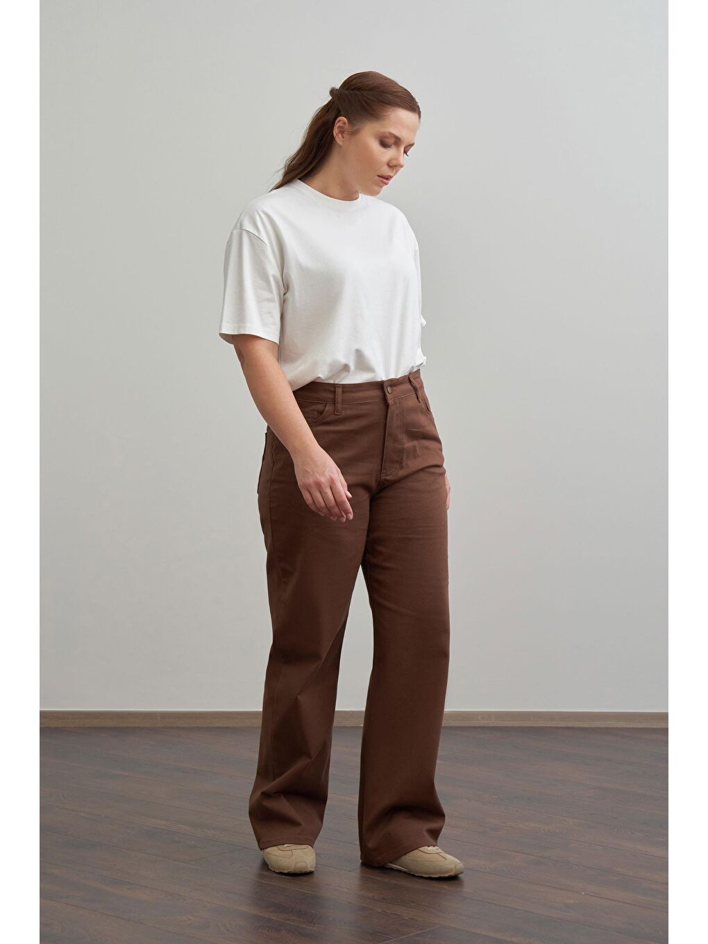 Kahverengi Kahve-Boru Paça Büyük Beden Gabardin Pantolon