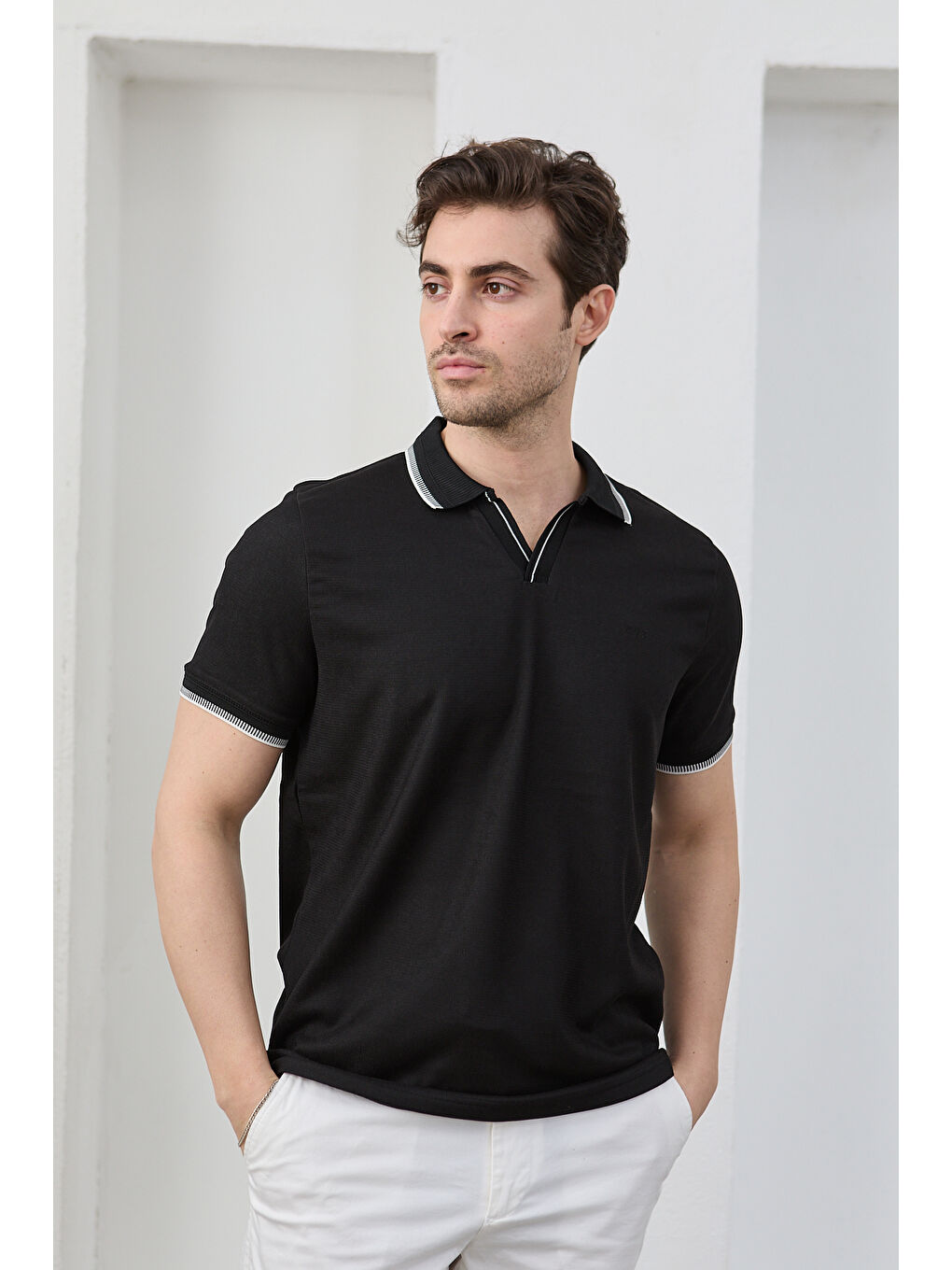Siyah Lodz Erkek Polo Yaka Tişört Çekmeyen Pamuklu Kumaş Regular Fit Günlük-3