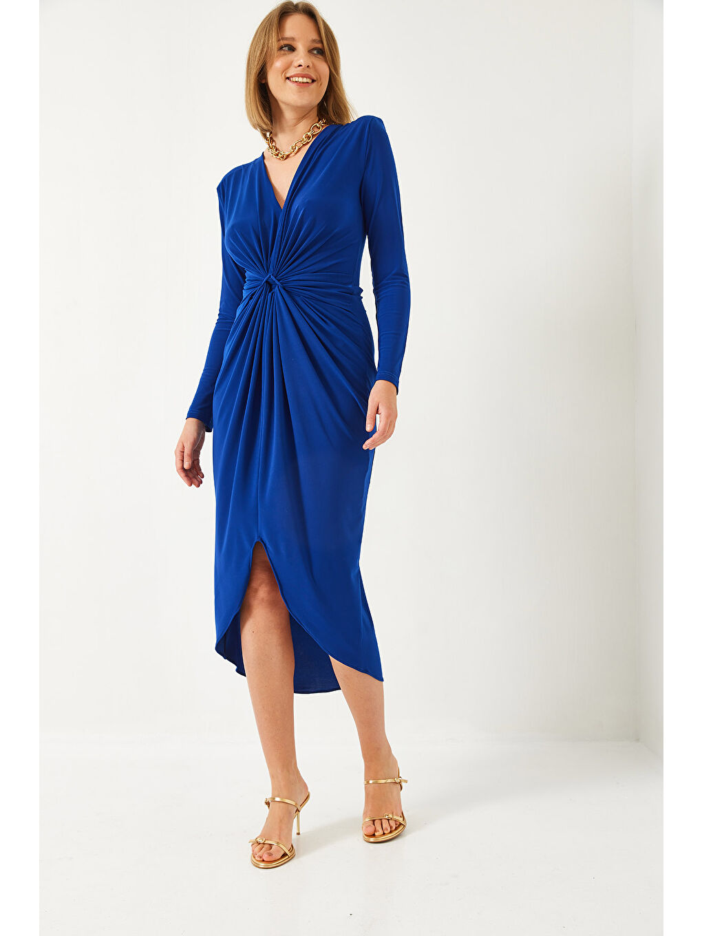 Mavi Kadın V Yaka Önü Büzgülü Candy Kumaş Elbise-2