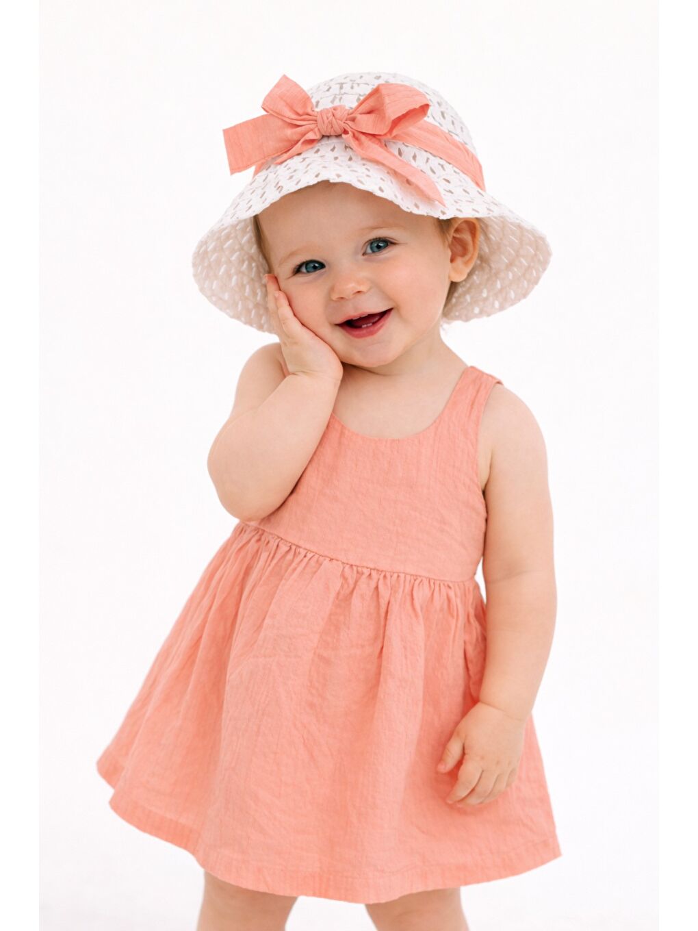 Pembe Tatlı Kız Bebek Yazlık Fiyonklu Şapkalı Pamuklu 2'li elbise-4