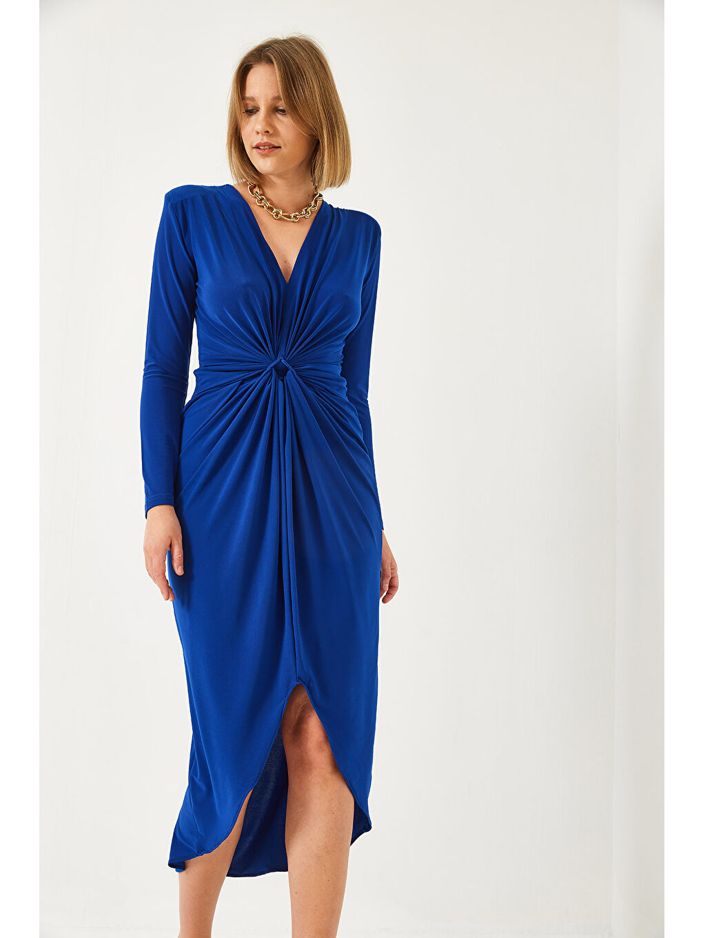 Mavi Kadın V Yaka Önü Büzgülü Candy Kumaş Elbise-3