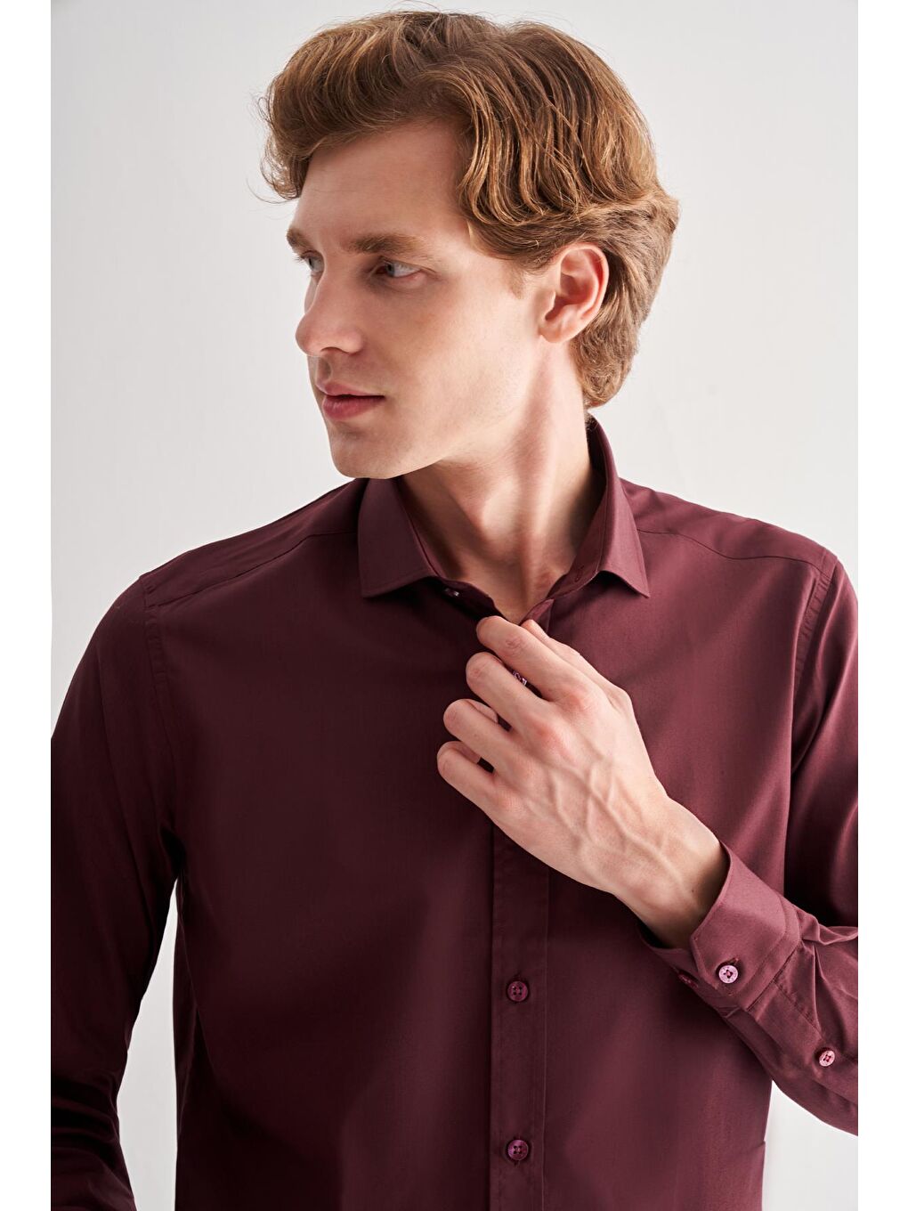 Bordo Yarım İtalyan Yaka Uzun Kol Slim Fit Pamuklu Gömlek 1004255180-3