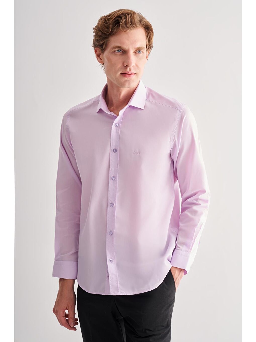 Lila Yarım İtalyan Yaka Uzun Kol Slim Fit Pamuklu Gömlek 1004255180