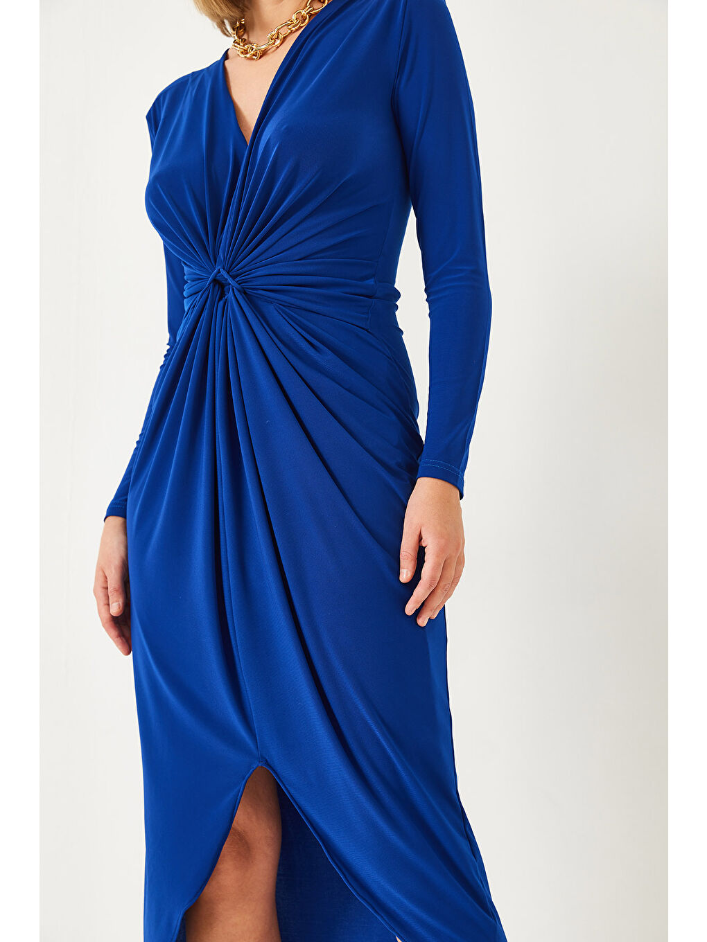 Mavi Kadın V Yaka Önü Büzgülü Candy Kumaş Elbise-4