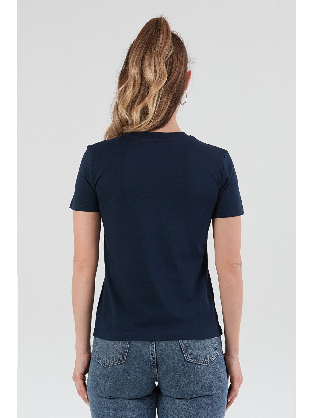 Lacivert California Kabartma Baskılı Bisiklet Yaka Tişört-3