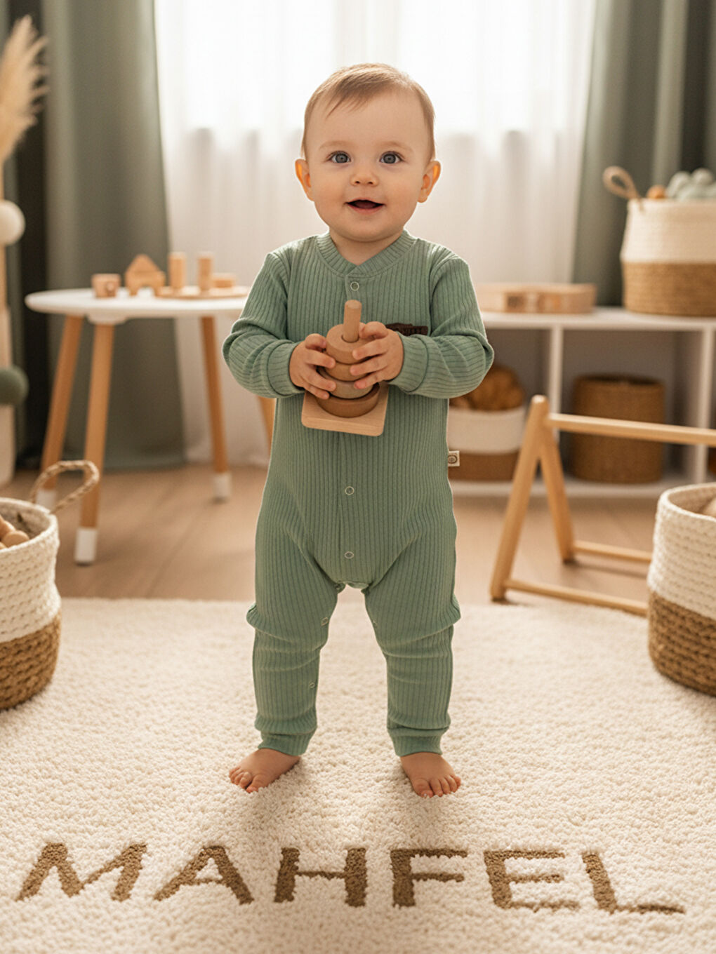 Yeşil %100 Pamuklu Fitilli Bebek Tulum Salopet AÇIK YEŞİL