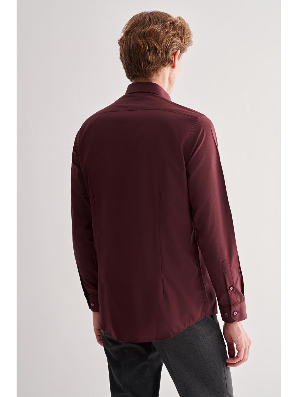 Bordo Yarım İtalyan Yaka Uzun Kol Slim Fit Pamuklu Gömlek 1004255180-4
