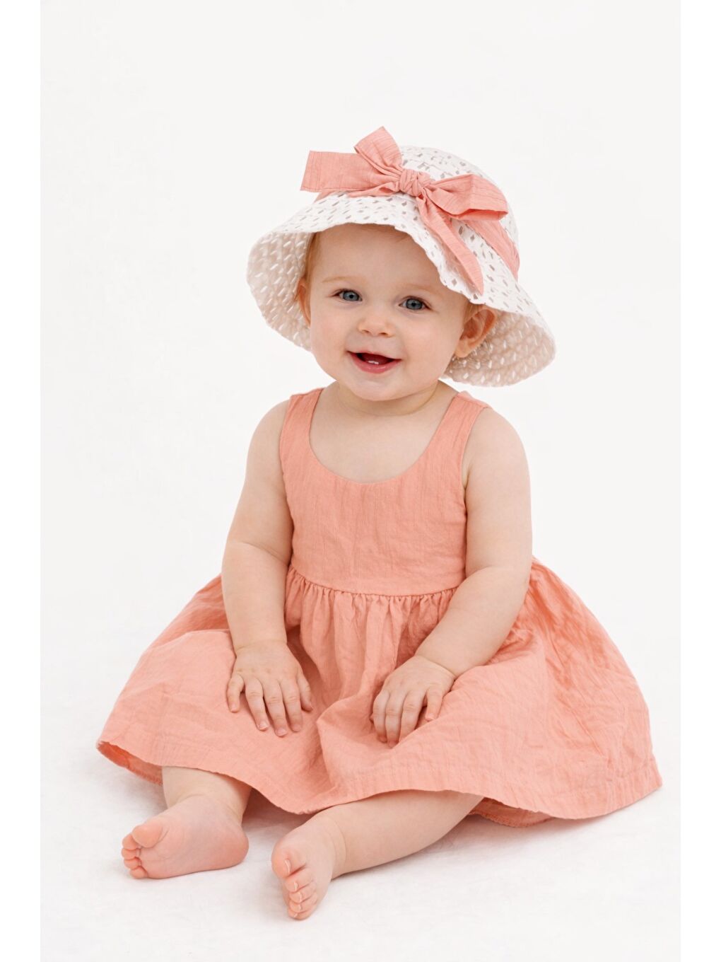 Pembe Tatlı Kız Bebek Yazlık Fiyonklu Şapkalı Pamuklu 2'li elbise-5